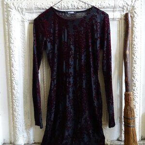 MISSGUIDED Sheer Black & Burgundy Burnout Velvet Sleek Stretch Bodycon Dress 6/S